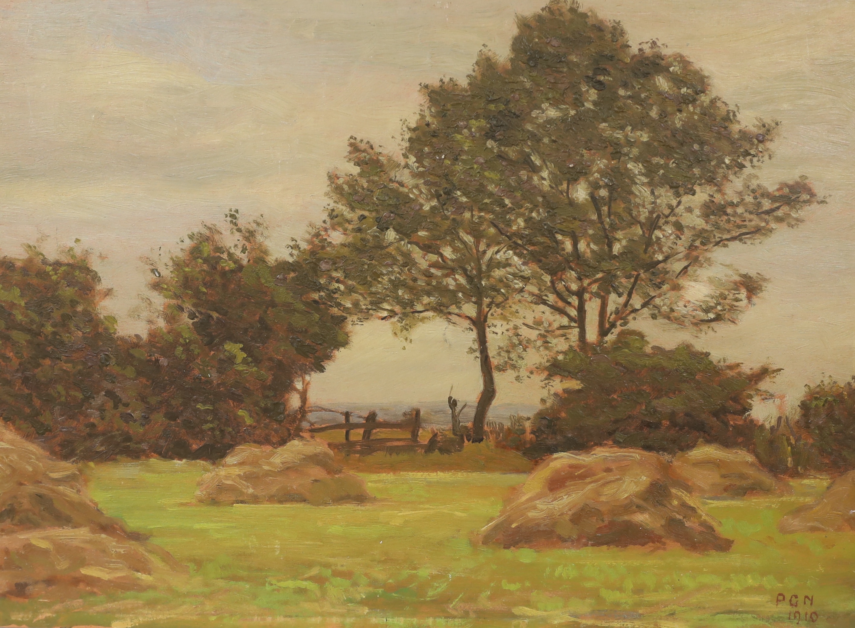 Philip Gregory Needell (1886-1974), oil on board, Hay field with landscape beyond, initialled and dated 1910, 24 x 34cm, unframed. Condition - fair, some surface dirt